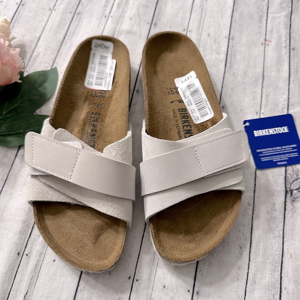 New Birkenstock Oita Slides Sandals Suede Leather Antique White - Picture 2 of 9